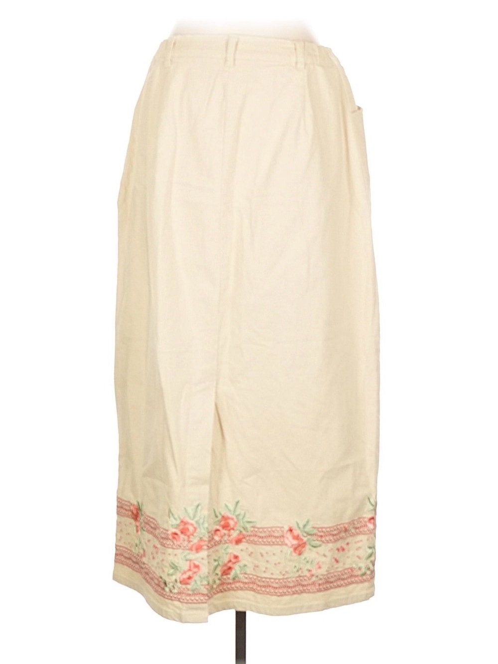 Denim&Co Vintage 90s Denim Cream Maxi Skirt with Pink Floral Embroidery, Sz L